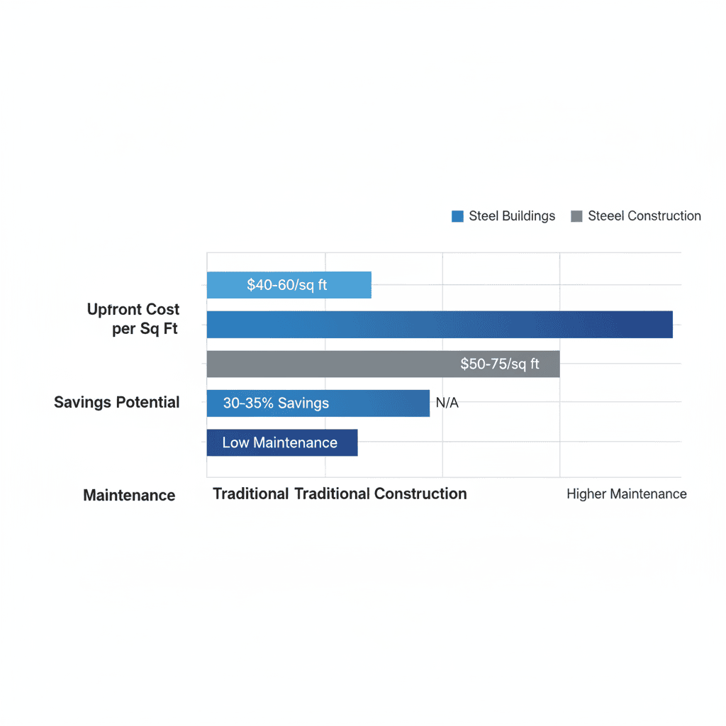 Horizontal bar chart comparing steel and traditional construction costs, savings, and maintenance levels