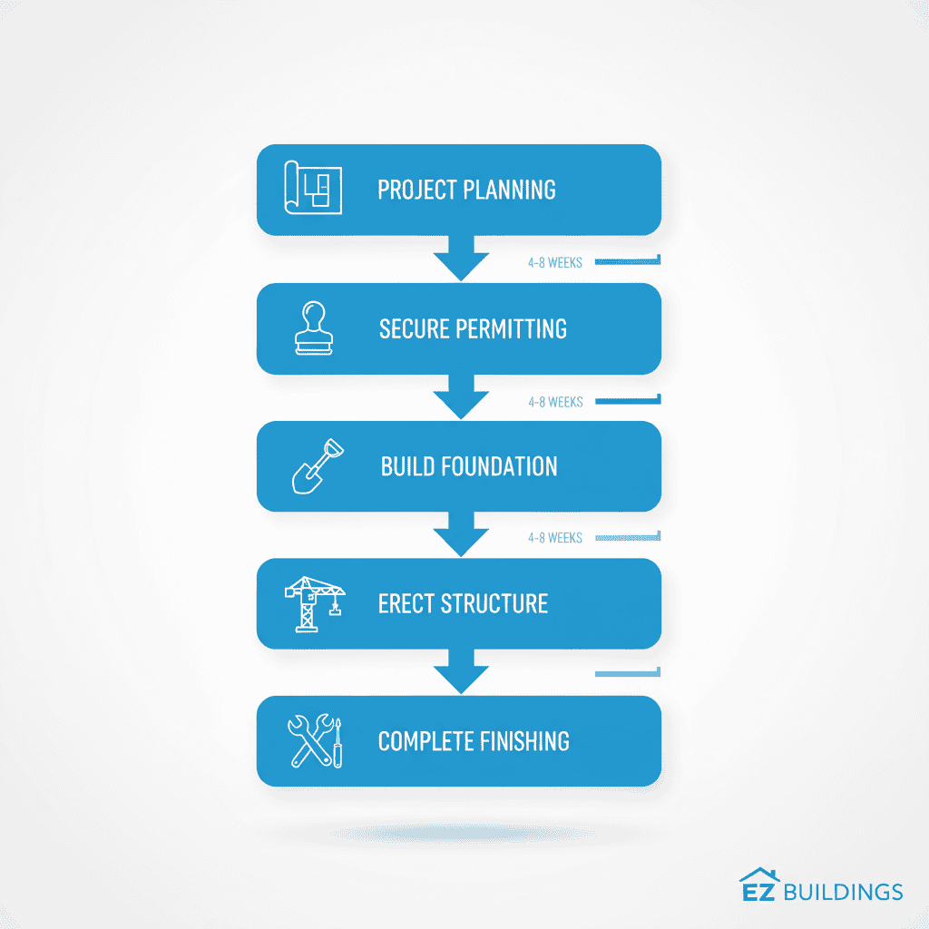 Vertical process flow diagram illustrating the five stages of steel building projects from planning to finishing with icons and arrows