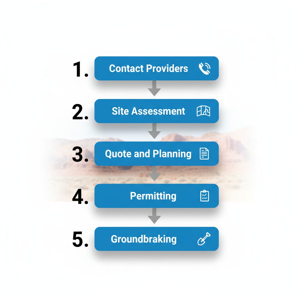 Vertical process flow diagram of five steps to start a steel building project including contact, assessment, planning, permitting, and groundbreaking with icons and arrows.