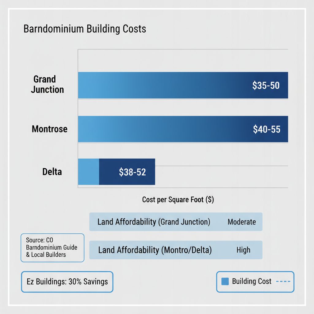 Horizontal bar chart comparing barndominium costs per square foot in Grand Junction, Montrose, and Delta areas with secondary land affordability metrics.