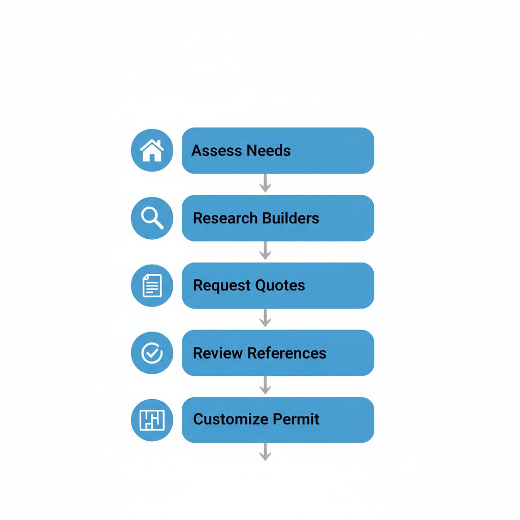 Vertical process flow illustrating five steps to launch a barndominium project: assess needs with house icon, research builders with search icon, request quotes with document icon, review references with checkmark icon, customize and permit with blueprint icon.